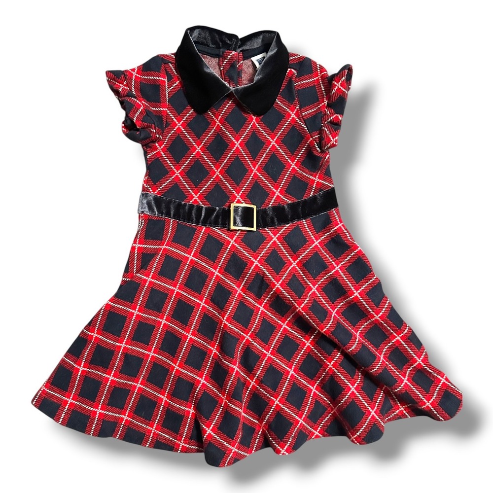 Janie and Jack Plaid Dress Velvet Collar Belted Red Black 3T Holiday